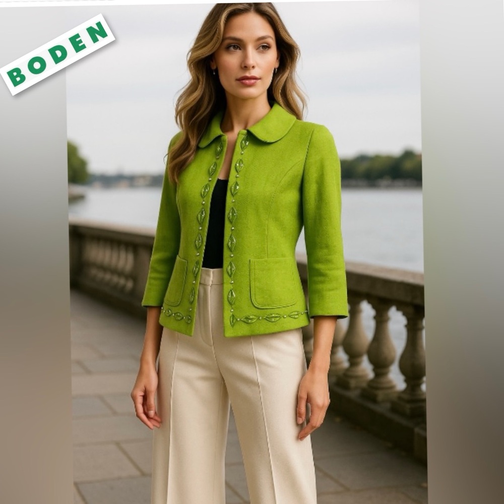 BODEN Linen Cotton Bland Lime Polka Dot Trim Blazer Size 4